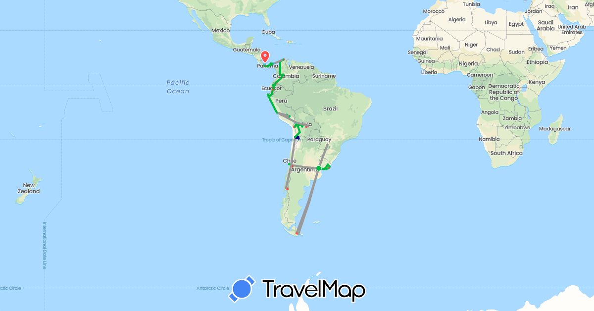 TravelMap itinerary: driving, bus, plane, hiking, boat in Argentina, Bolivia, Chile, Colombia, Ecuador, Panama, Peru, Uruguay (North America, South America)
