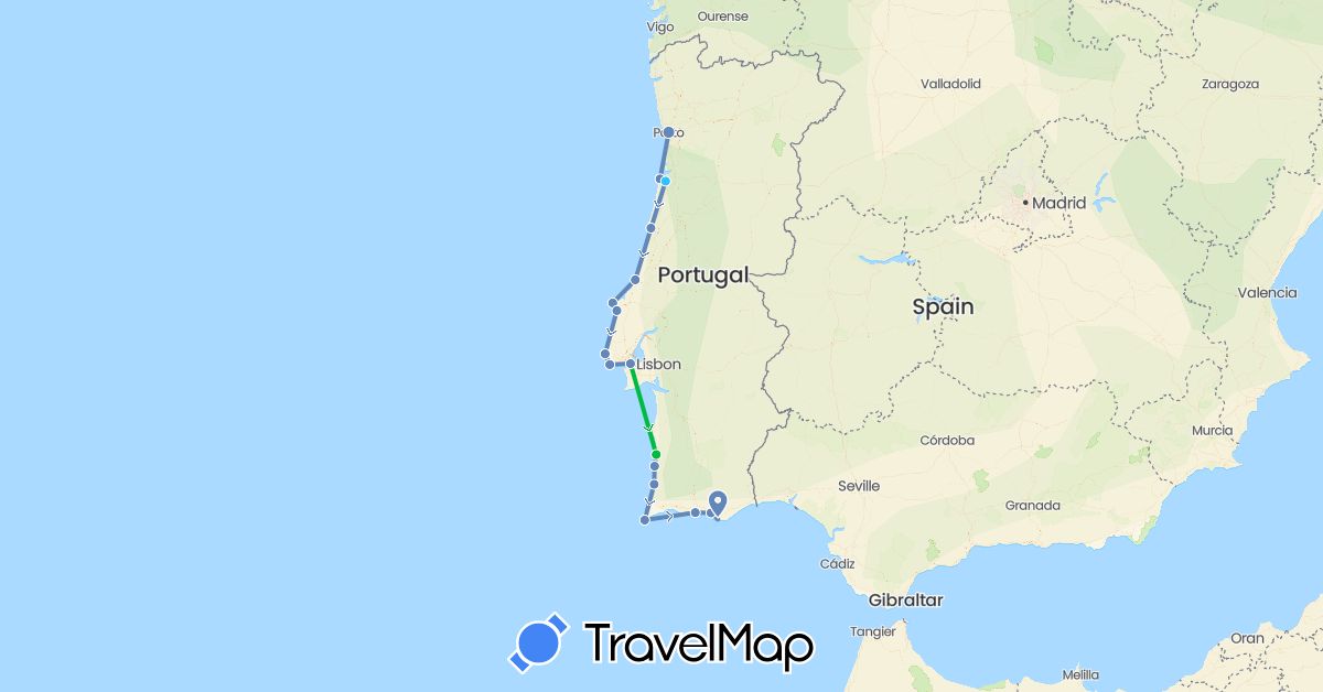 TravelMap itinerary: driving, bus, cycling, boat in Portugal (Europe)